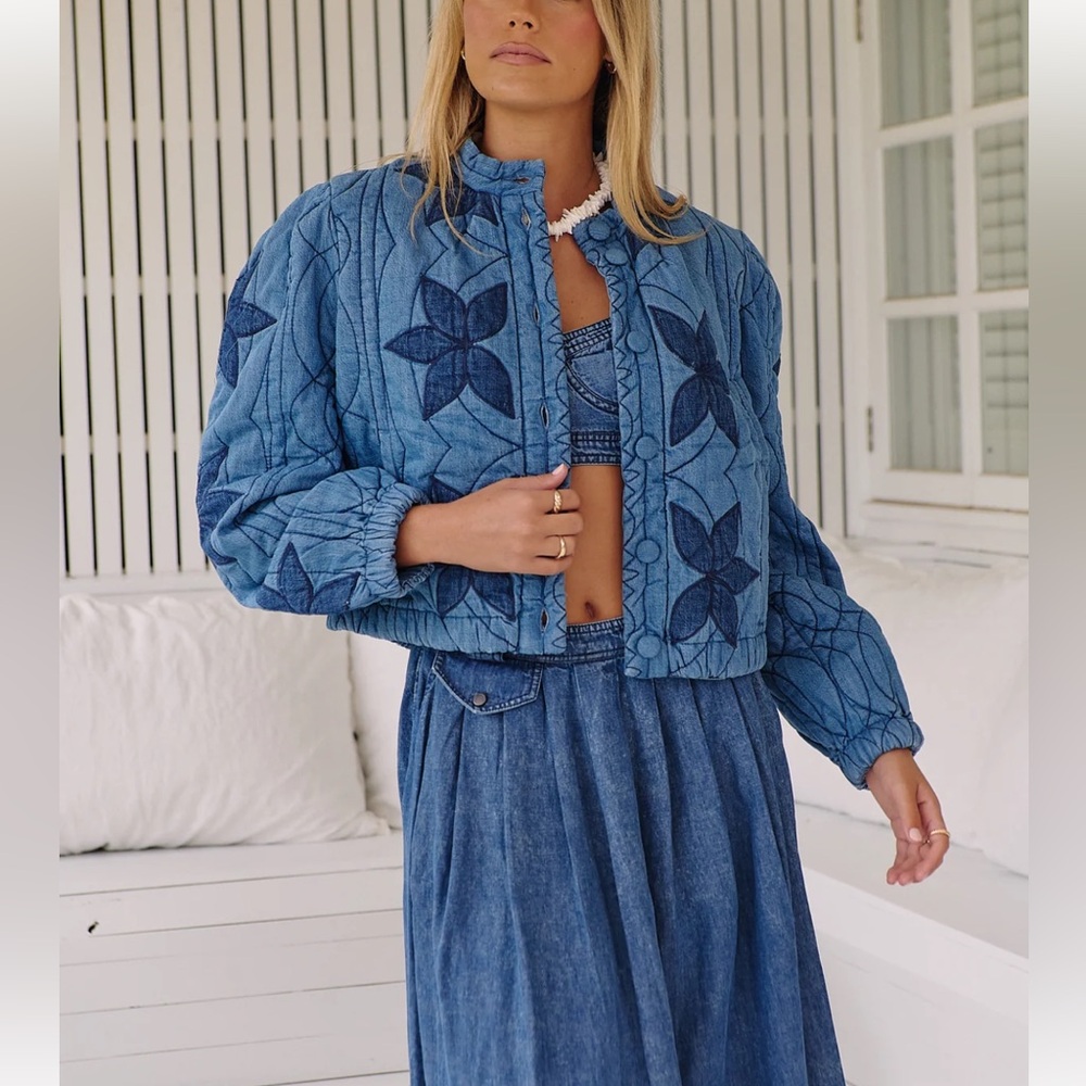 Free People Blue Quilted Floral Bomb Jacket